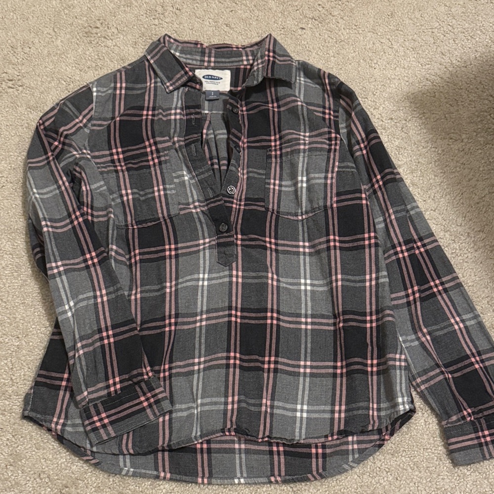Old Navy Black and Pink Plaid Shirt